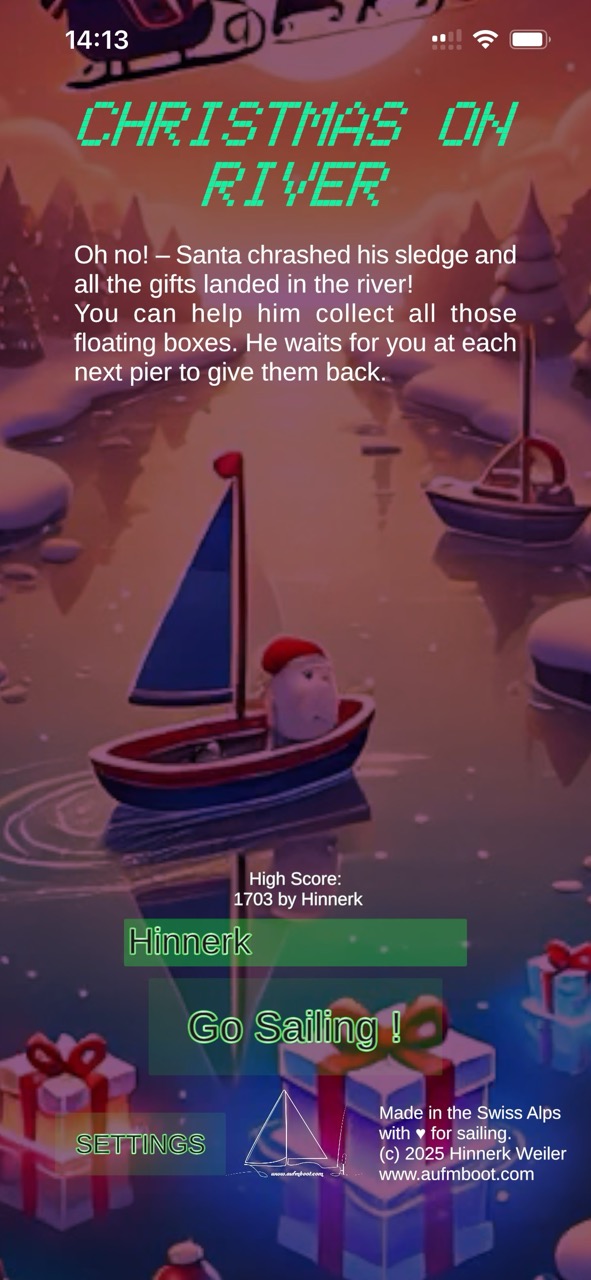 Start Screen for the Game showing a cosy santa sailing on a river full of parcels.