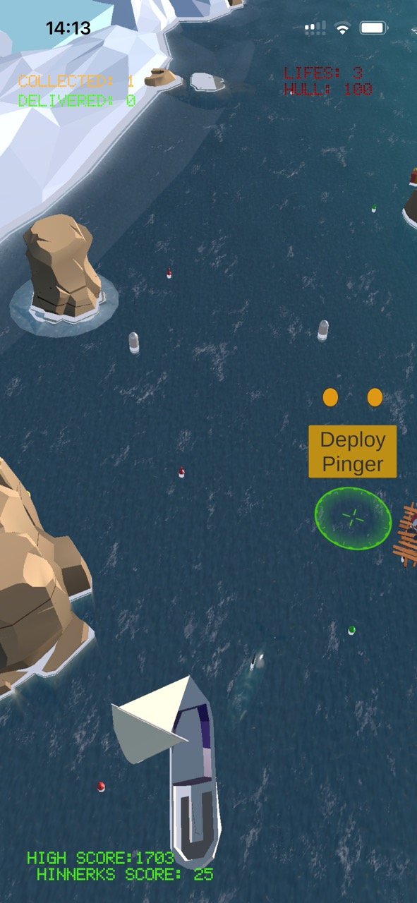 Start Screen for the Game showing a cosy santa sailing on a river full of parcels.