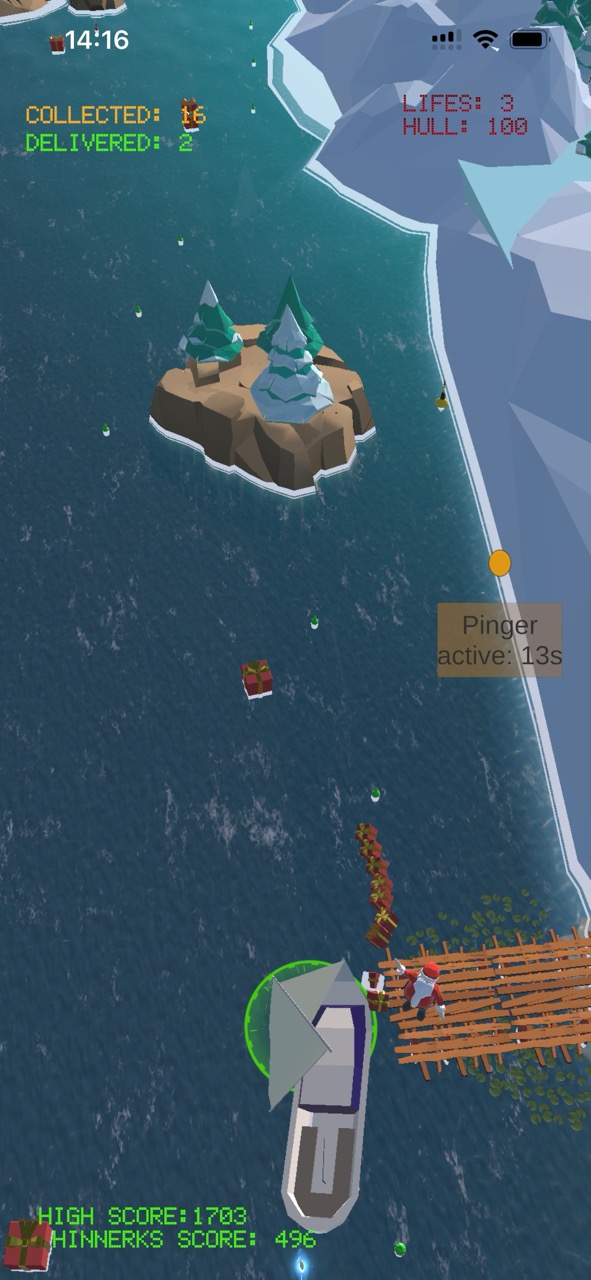 Start Screen for the Game showing a cosy santa sailing on a river full of parcels.